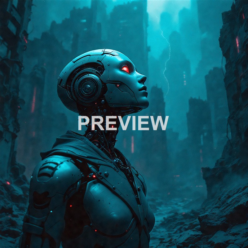 A futuristic humanoid robot with a human-like face, glowing red eyes, and a sleek metallic body standing in a dystopian cityscape with tall, dark buildings and lightning in the background.